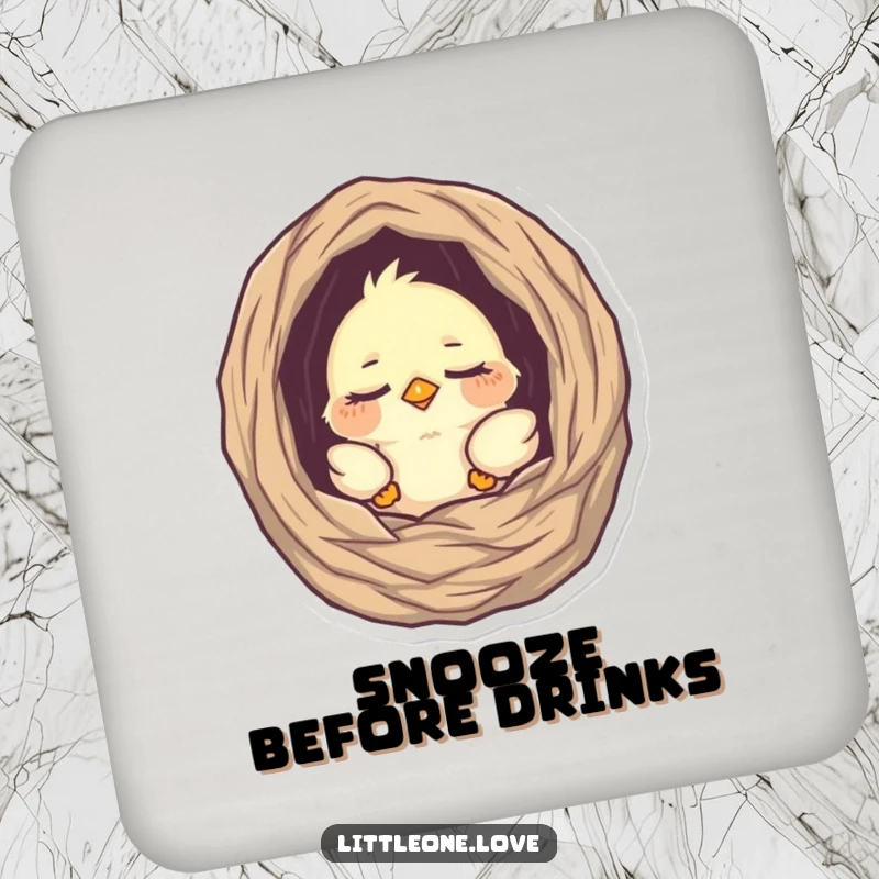 Funny drink coaster set featuring a tiny, sleepy baby bird peeking from its nest, protecting surfaces with sweet charm and a hint of humor.