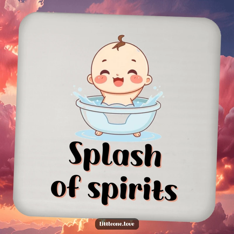 Funny small, round baby in a diaper gleefully splashing in a tiny tub, on absorbent drink coasters.