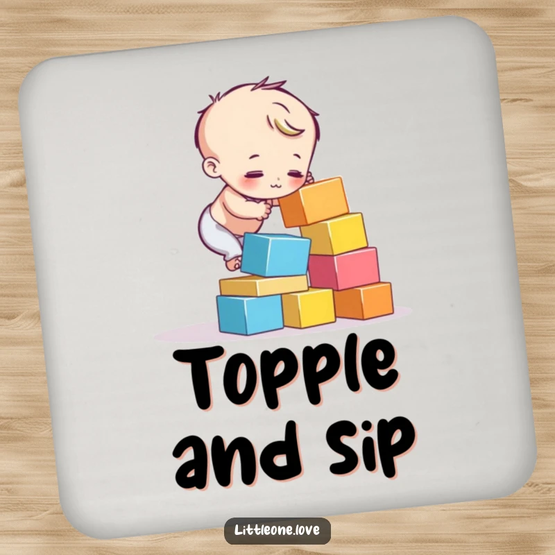 Funny drink coaster with a child character's colorful blocks tumbling down. Humorous table protection.