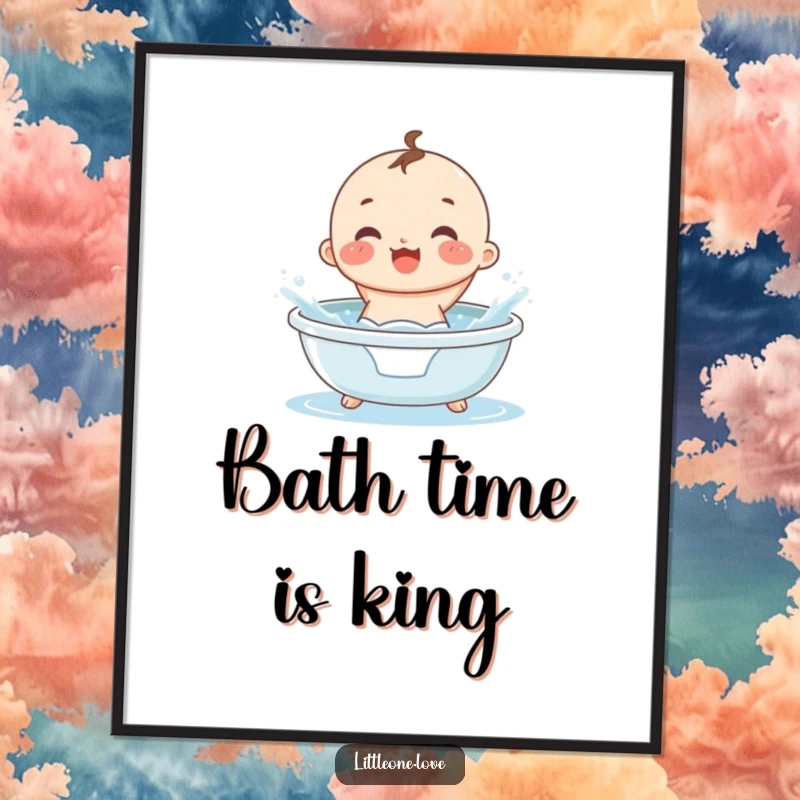 Funny small, round baby in a diaper gleefully splashing water in a tiny tub, as a vibrant poster.