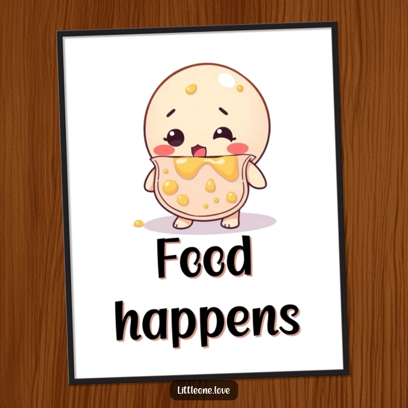 Funny poster print of a bewildered rubber ball in a bib, thoroughly coated in baby food, a comical and relatable illustration.