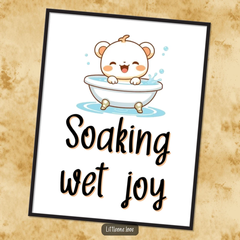 Funny baby animal character gleefully splashing in a miniature bathtub, framed as a vibrant and cheerful poster.