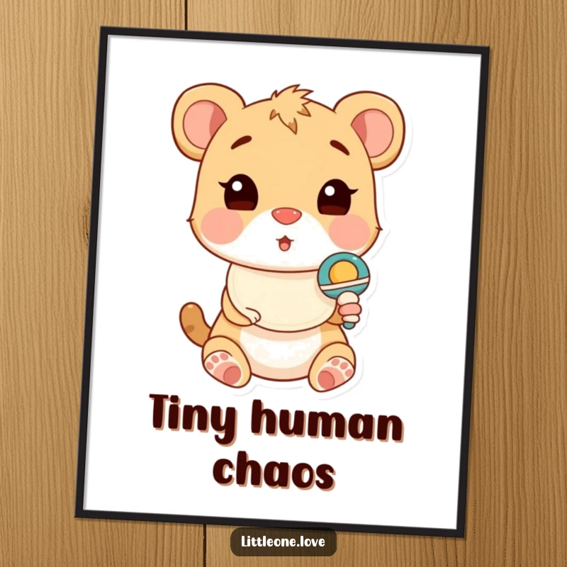 Funny Poster of a cute baby animal in a bib, looking comically surprised by a toy rattle, adding charm and humor.
