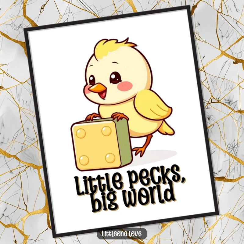 Funny poster featuring a cheerful baby bird character pecking at a colorful block, bringing cute charm and humor, a perfect funny gift.