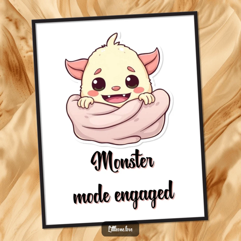Funny playful baby monster peeking from behind a soft blanket, as a charming poster for decor.