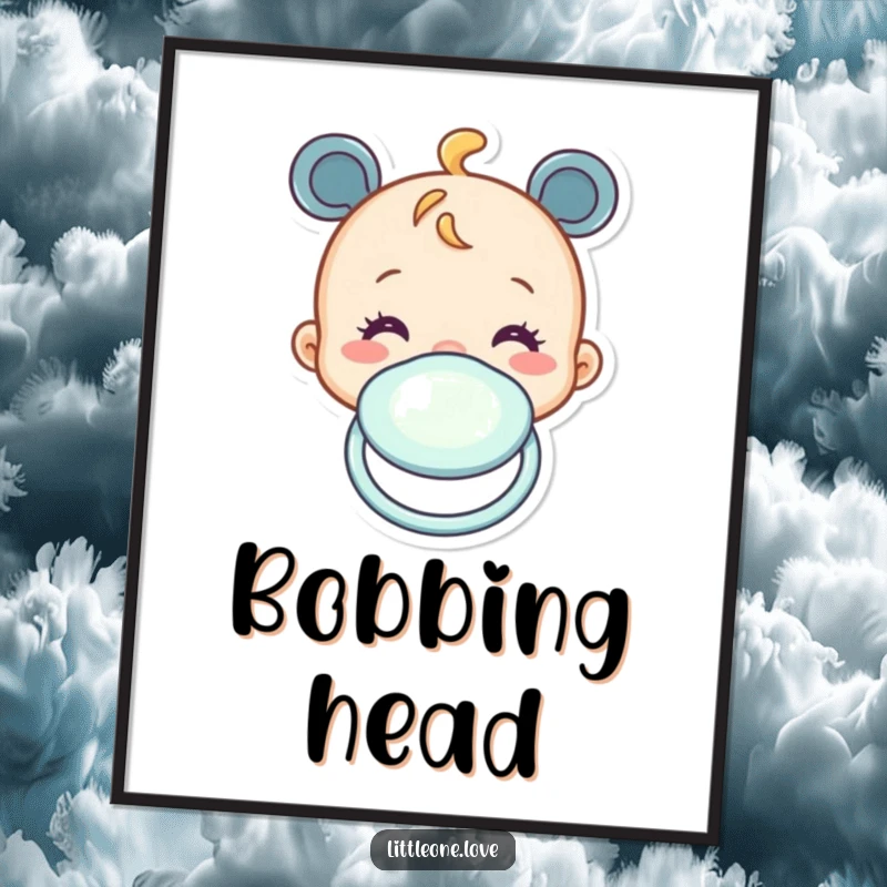 Funny poster featuring a cheerful baby pacifier character bobbing up and down. Ideal for happy decor.