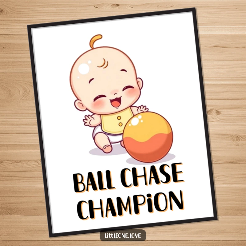 Funny poster featuring a giggling baby wearing a bib, enthusiastically trying to catch a rolling ball, radiating joy.