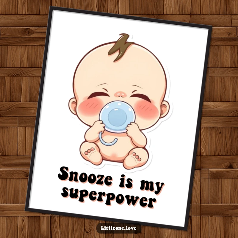 Funny baby yawn poster showing a cute baby character with an exaggerated yawn and pacifier, adding humor to wall art.