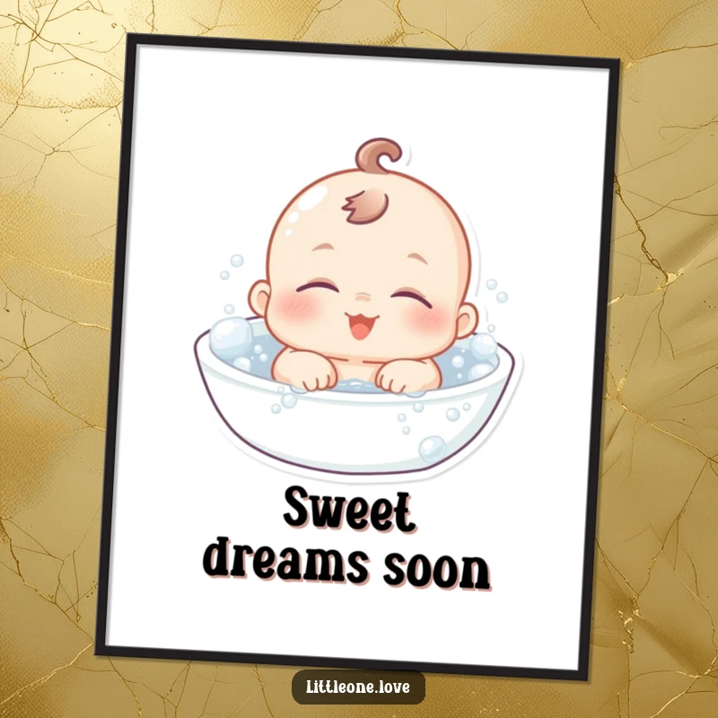 Funny Poster: A chubby baby character with serene, sleepy eyes floats happily amidst a sea of delightful, bubbly bathwater.
