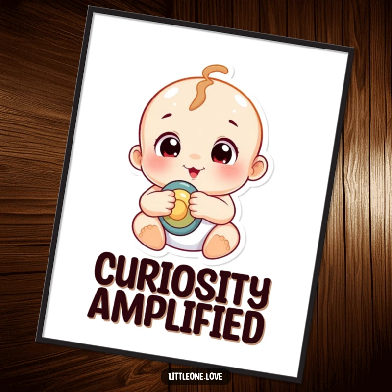 Funny chubby baby with wide, curious eyes excitedly holding a rattle, presented as a charming poster for nursery decor.