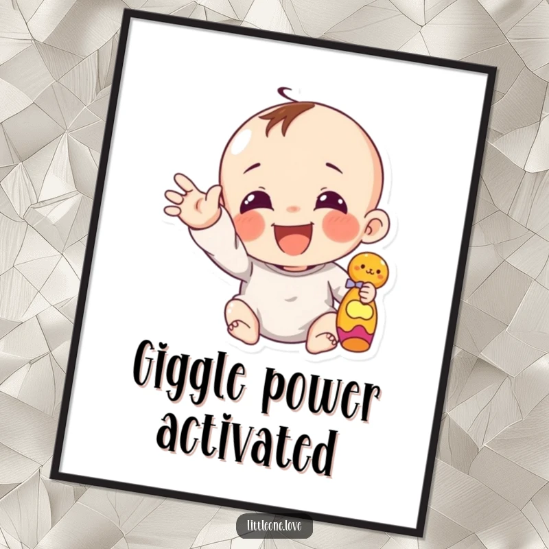 Funny giggling infant with chubby hand reaching out for a toy, as a charming poster for nursery decor.