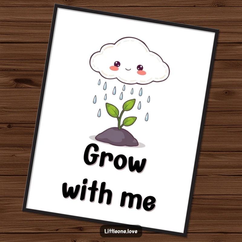 Funny poster art of a smiling cloud gently raining on a tiny, growing sprout, a serene and heartwarming illustration.