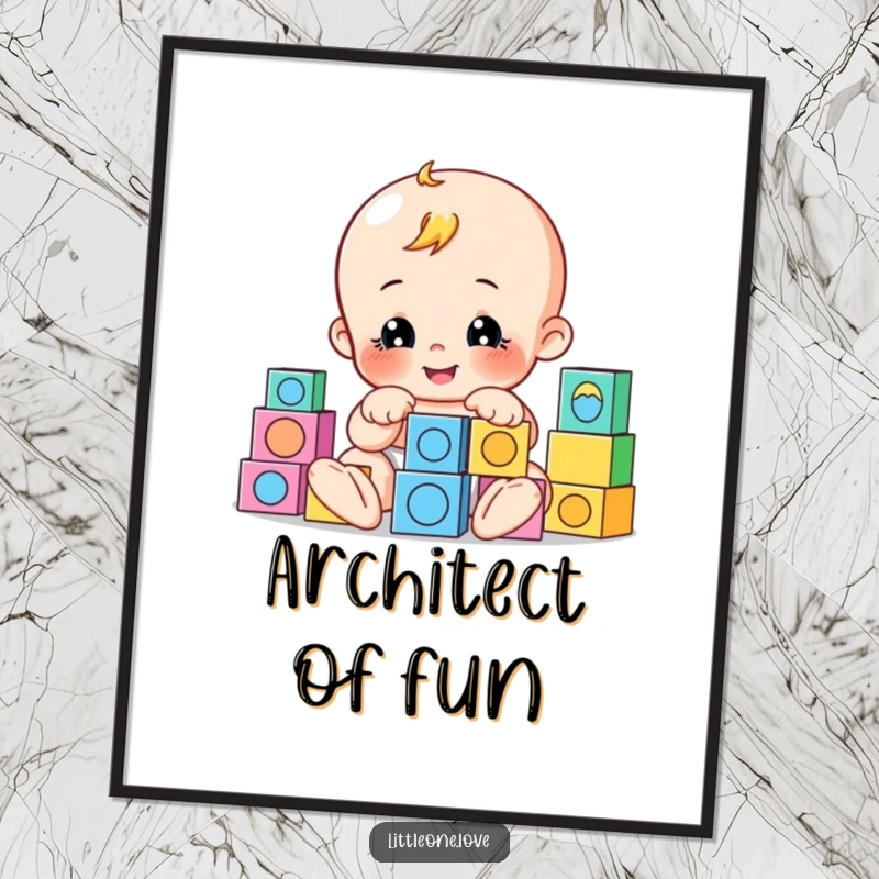 Funny poster depicting a playful baby character building with cheerfully arranged blocks, ideal for inspiring wall art.