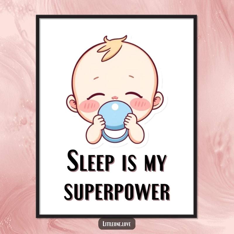 Funny sleepy baby with rosy cheeks peacefully holding a pacifier, as a charming poster for nursery decor.