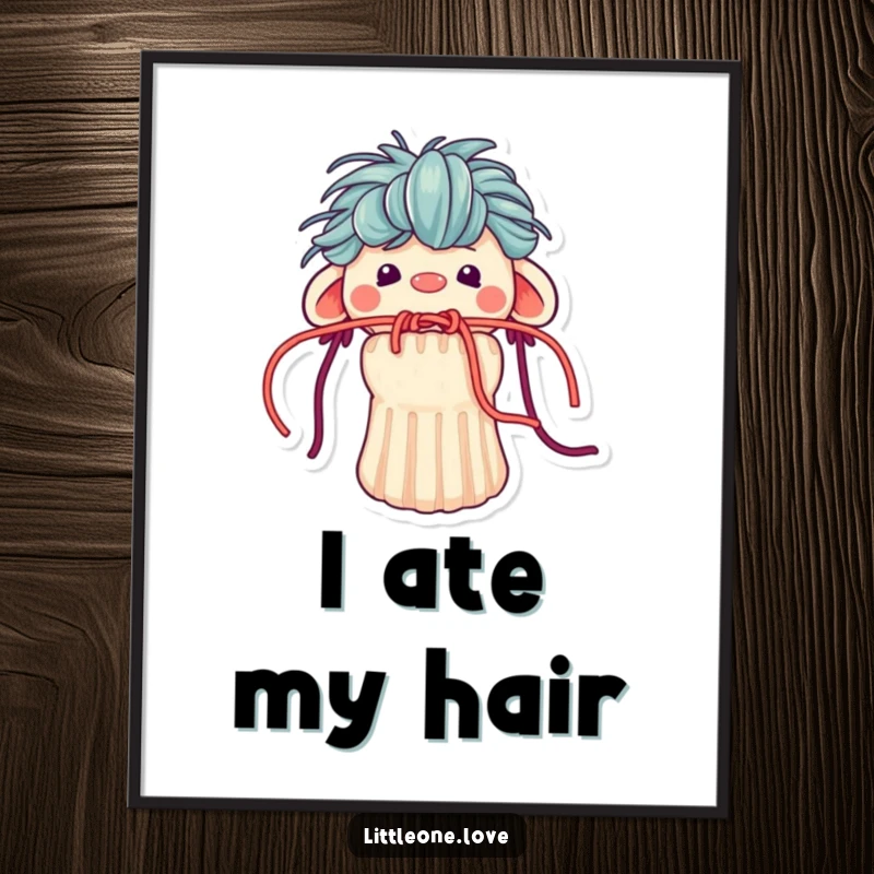 Funny poster art of a small, expressive sock puppet with yarn hair comically stuck in its mouth, a whimsical and artistic piece.