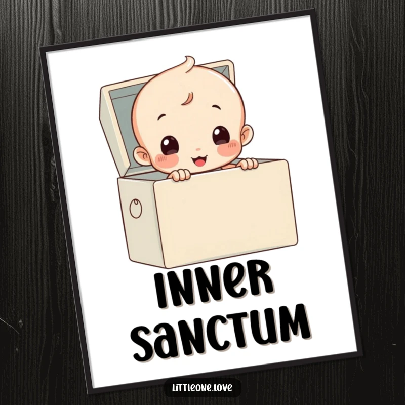 Funny poster of a curious baby in a diaper peeking from a toy box, adorable wall art.