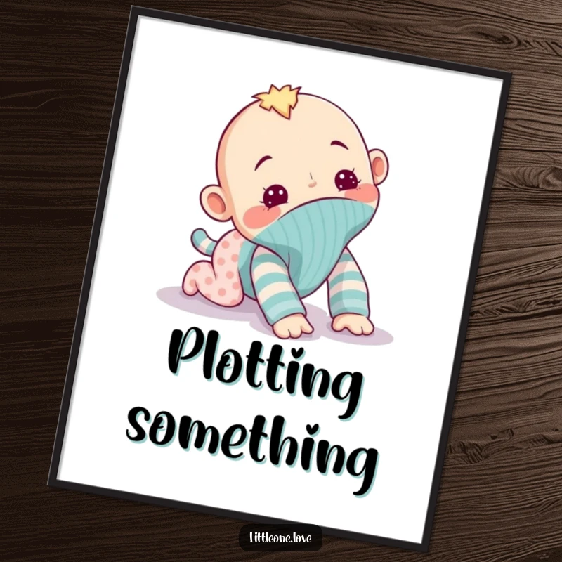 Funny poster of a mischievous baby sock puppet attempting to crawl away, capturing a moment of playful escape and humorous innocence for wall decor.