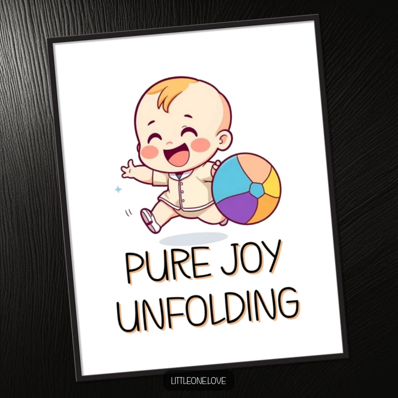 Funny giggling toddler character excitedly chasing a bouncing colorful ball, displayed as a vibrant and energetic poster.