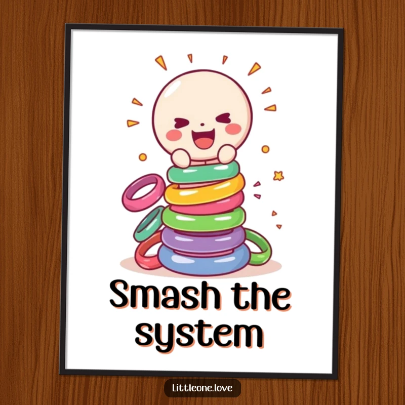 Funny poster art of a smiling, sentient baby rattle gleefully smashing a tower of colorful rings, a dynamic and humorous illustration.