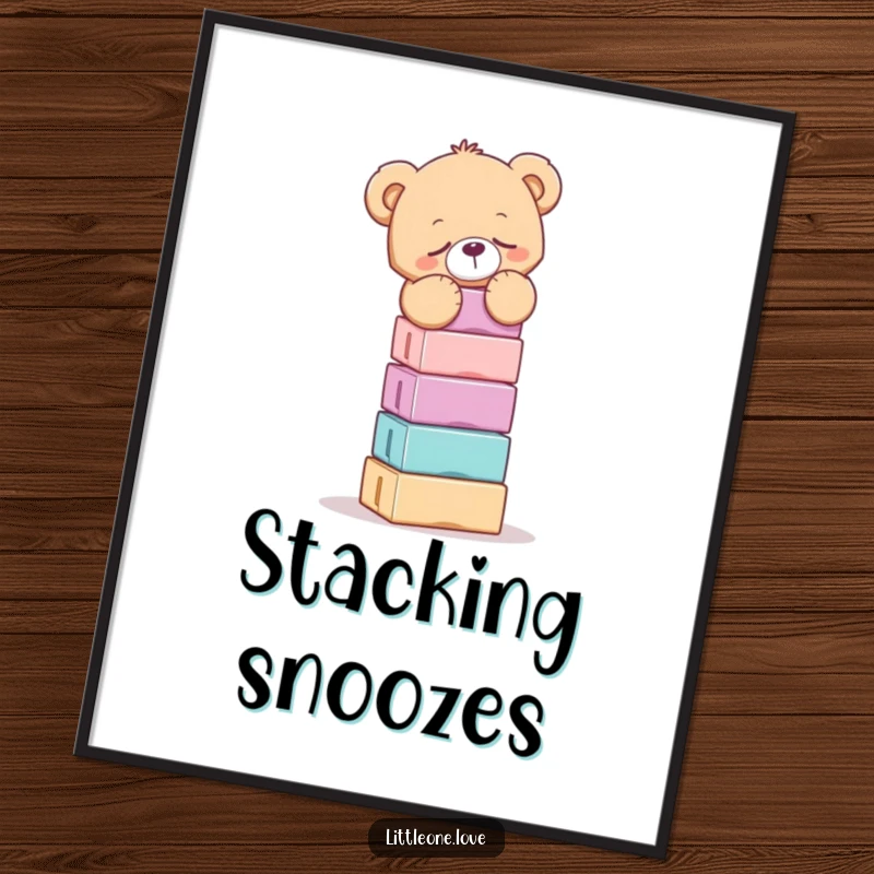 Funny poster art of a tired teddy bear precariously balancing a huge stack of assorted building blocks, a sweet and humorous scene.