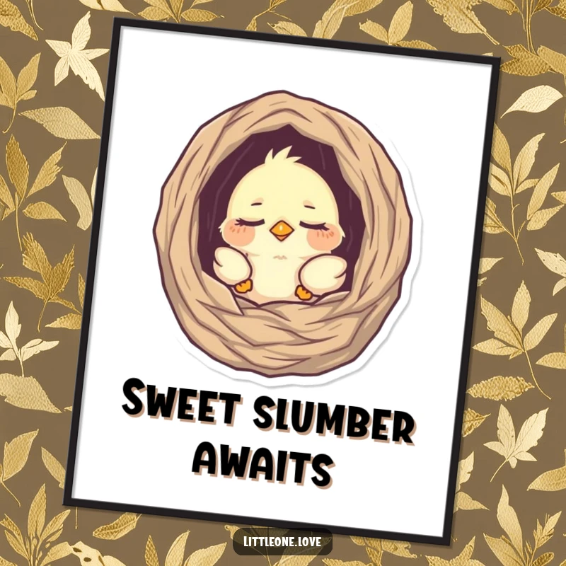 Funny poster of a tiny, sleepy baby bird peeking from its nest, bringing a sense of peace, innocence, and gentle humor to any room's decor.