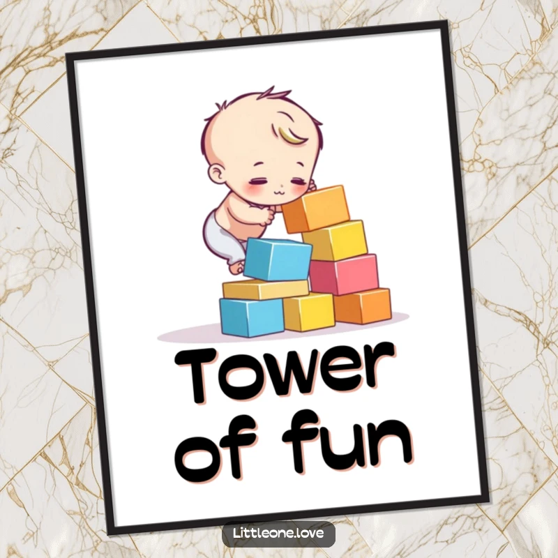 Funny poster print of a child character's colorful blocks tumbling down mid-stack. Captures humorous effort and failure.