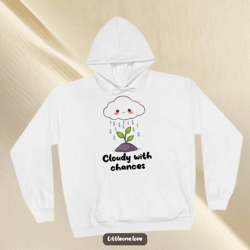 Funny hoodie depicting a happy cloud gently raining on a tiny sprout, a cozy and heartwarming design for comfort lovers.