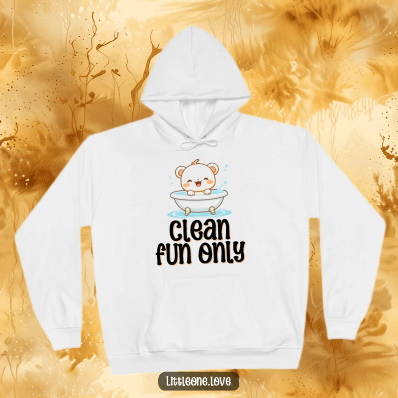 Funny baby animal character gleefully splashing in a miniature bathtub, showcased on a warm and cozy hoodie.