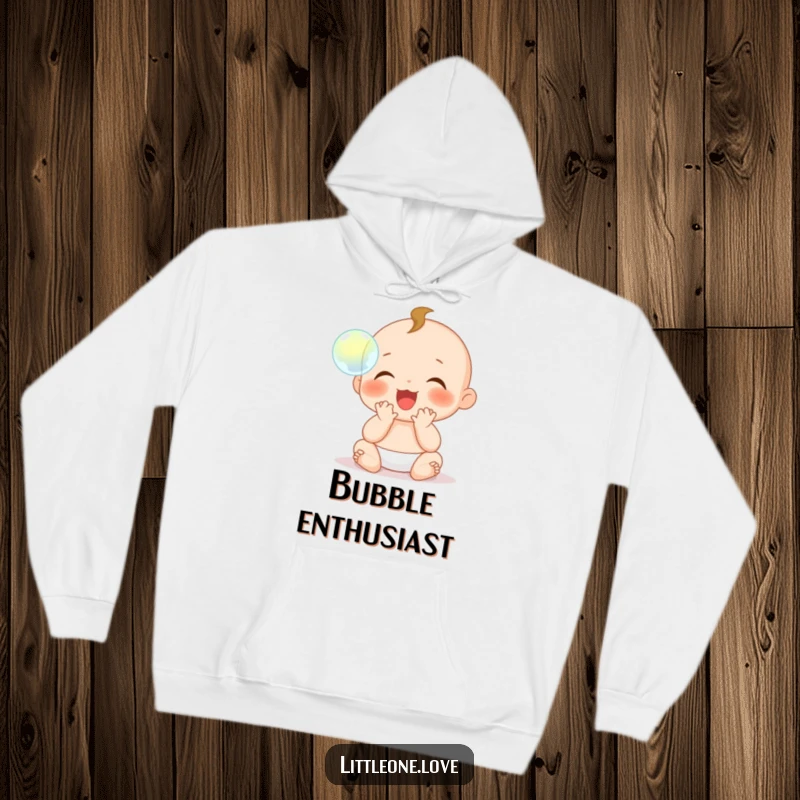 Funny Hoodie: A baby character with its tiny hands outstretched claps with pure glee at a delicate, floating bubble.