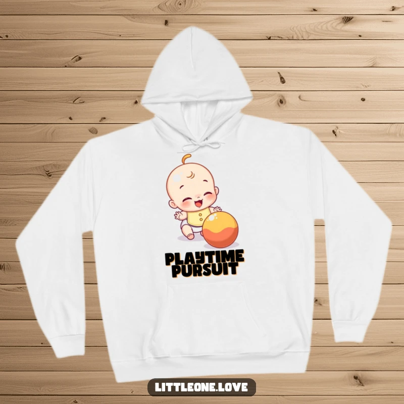 Funny hoodie featuring a giggling baby with a bib, joyfully trying to catch a rolling ball, perfect for active kids.