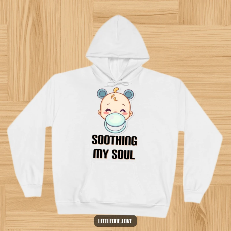 Funny and cozy hoodie featuring a cheerful baby pacifier character bobbing up and down. Comfortable and humorous.