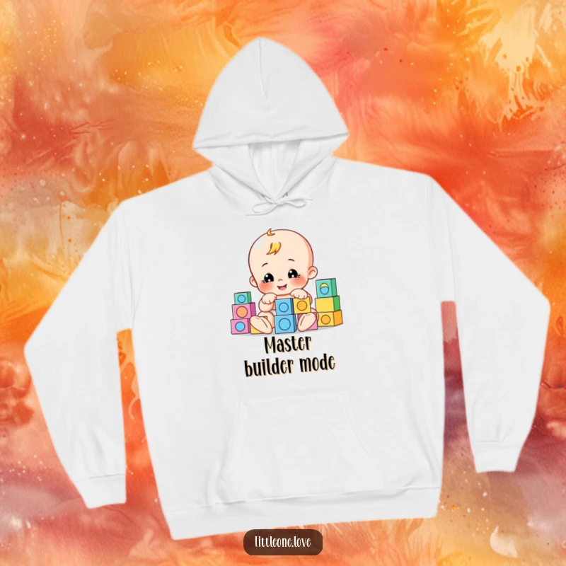 Funny hoodie featuring a playful baby character building with cheerfully arranged blocks, perfect for cozy creative time and warmth.