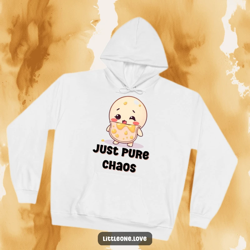 Funny hoodie depicting a bewildered rubber ball in a bib, smeared with various baby foods, a hilarious and messy scene.