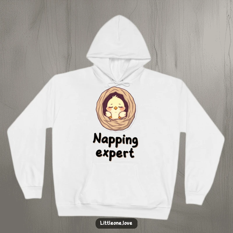 Funny hoodie with a tiny, sleepy baby bird peeking from its nest, offering ultimate comfort and a touch of adorable, sleepy charm, ideal funny gift.