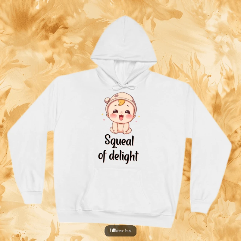 Funny hoodie featuring a surprised baby character in a tiny hat, letting out a joyful squeal, perfect for cozy and expressive wear.