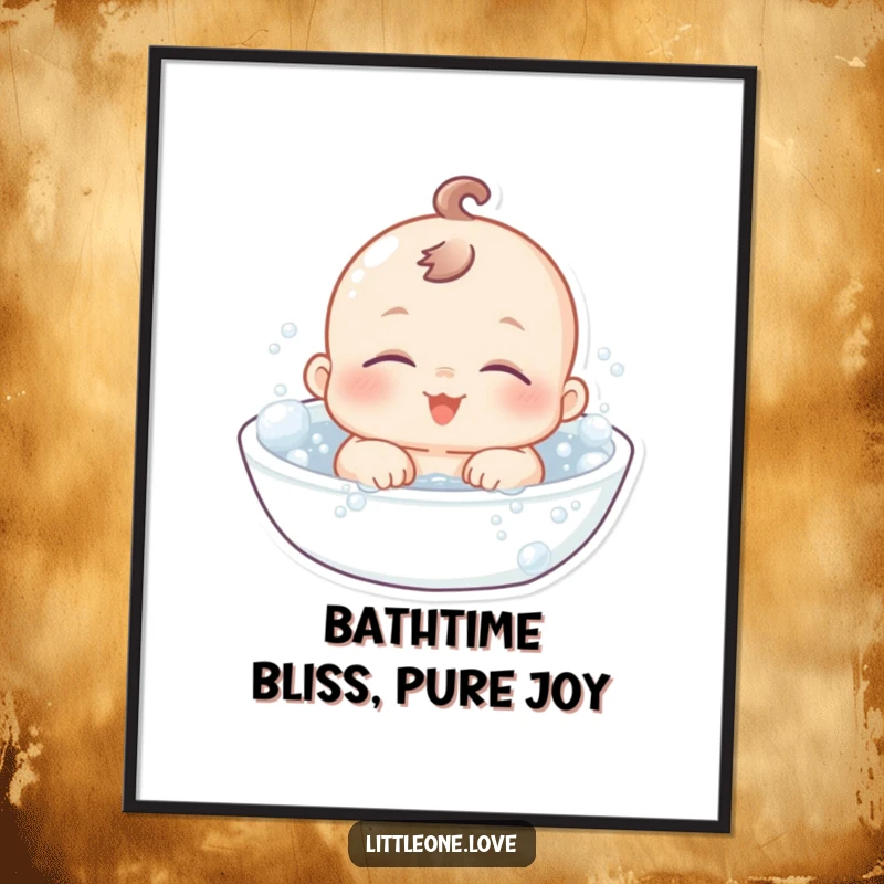 Free Printable Wall Art of a chubby baby with sleepy eyes floating contentedly in a bubbly bath, radiating pure, sweet calm.