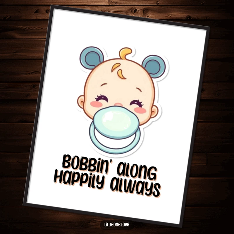 Funny free printable wall art: a cartoon baby pacifier character shown in a cute, bobbing motion.