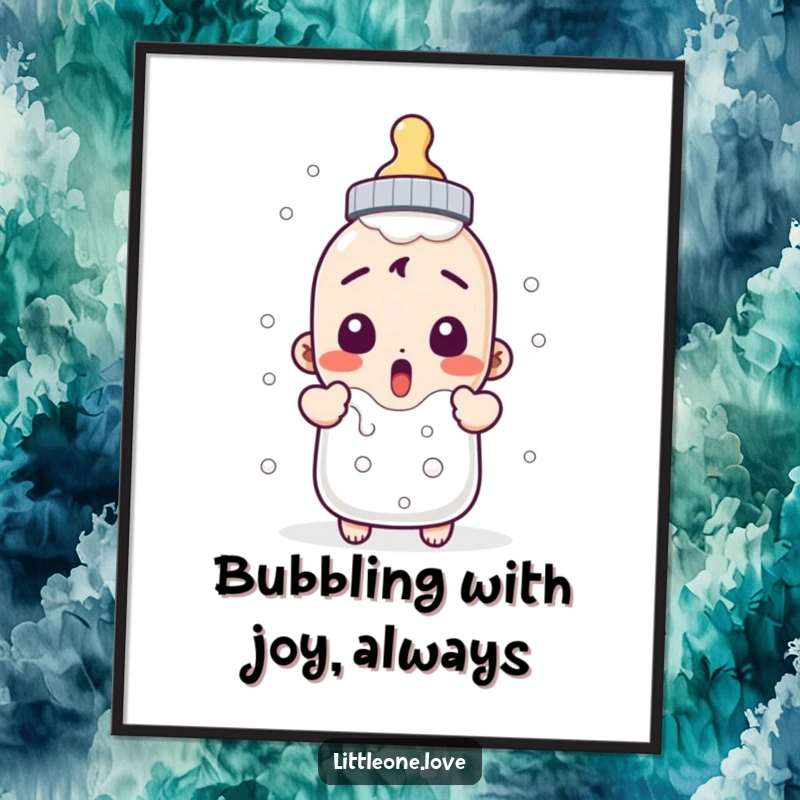 Funny free printable wall art: a baby bottle character rendered in a cartoon style, surprised by milk bubbling out.