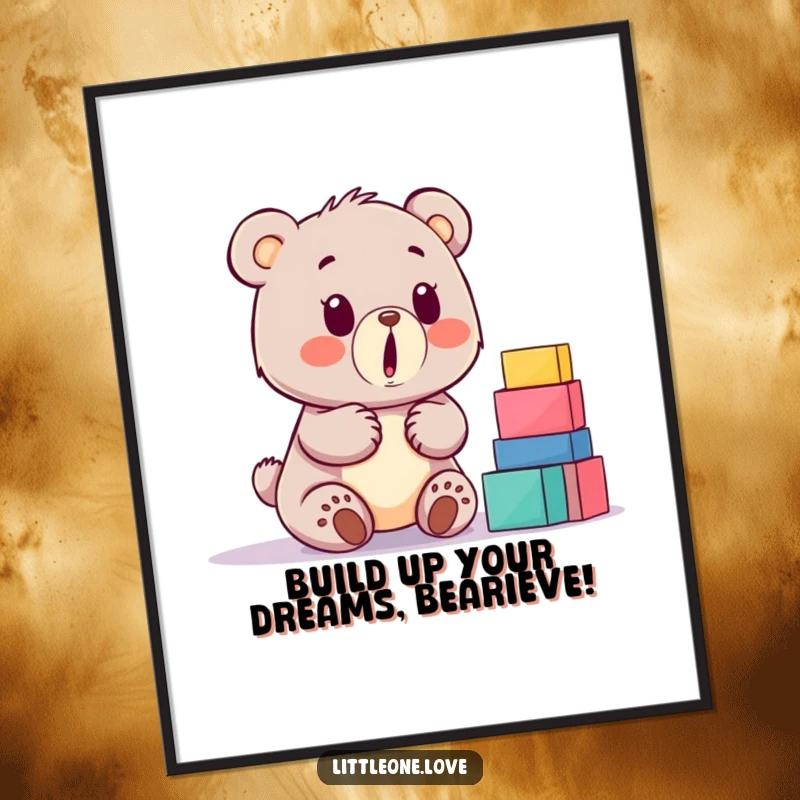 Funny Free Printable Wall Art: A cute baby bear with a look of utter surprise at a towering stack of colorful building blocks.
