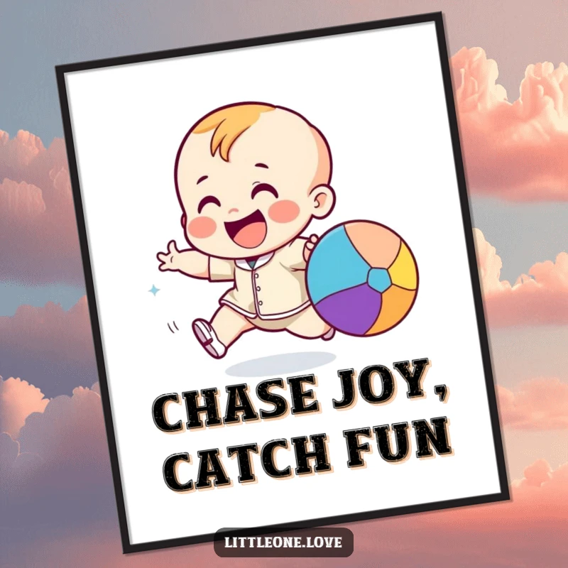 Funny Free Printable Wall Art: A giggling toddler gleefully chasing a bouncing colorful ball, capturing the infectious spirit of childhood play.