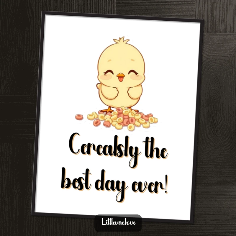 Funny Free Printable Wall Art: A darling baby chick happily pecking at a glorious, spilled pile of breakfast cereal.