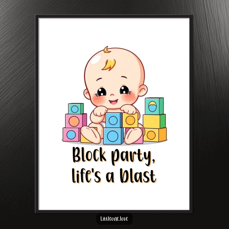 Funny Free Printable Wall Art: A playful baby is engrossed in building with colorful, cheerfully arranged blocks, evoking imagination.
