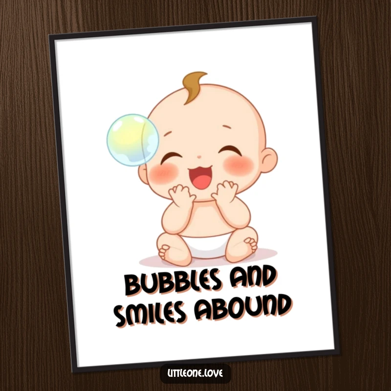 Free Printable Wall Art showing a delighted baby character with tiny hands clapping gleefully, mesmerized by a floating bubble.