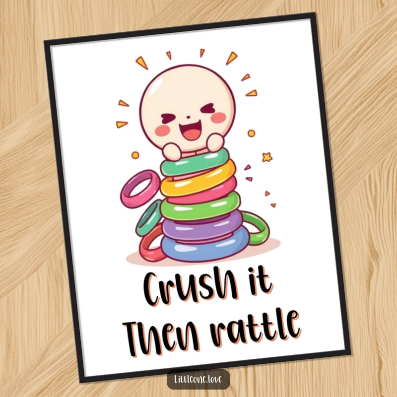 Funny Free Printable Wall Art: A sentient baby rattle with a huge grin, gleefully smashing a tall tower of colorful plastic rings.