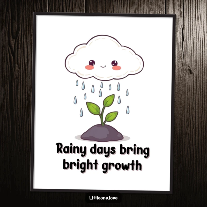 Serene Free Printable Wall Art: A small, fluffy cloud gently dripping rain onto a tiny, vibrant green sprout reaching upwards.