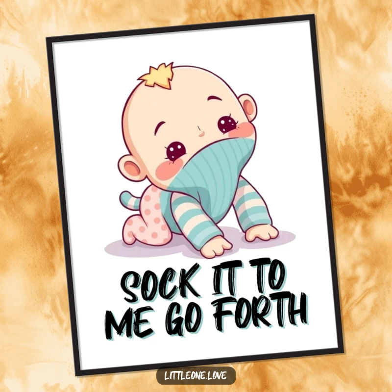 Funny Free Printable Wall Art: A mischievous baby sock puppet caught in the act of hilariously trying to crawl away.