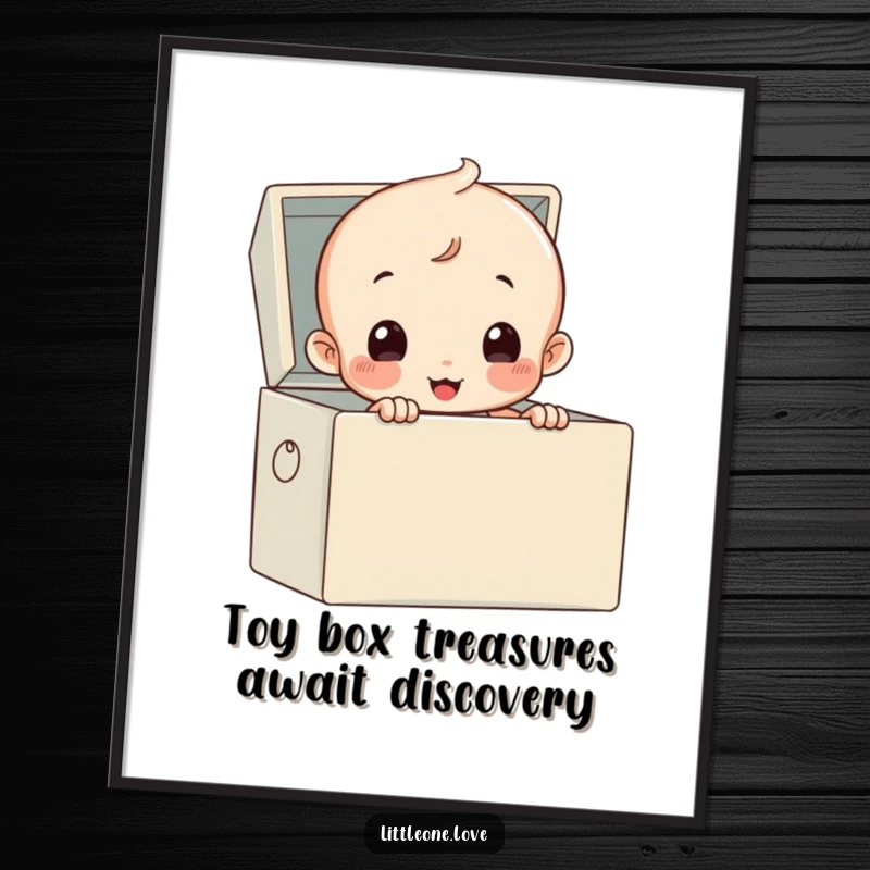 Funny Free Printable Wall Art: A curious baby wearing a diaper peeks out of a toy box, creating a humorous decor piece.