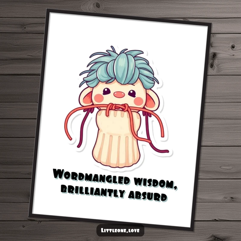 Funny Free Printable Wall Art: Tiny sock puppet with yarn hair comically stuck in its mouth, sporting a confused expression.