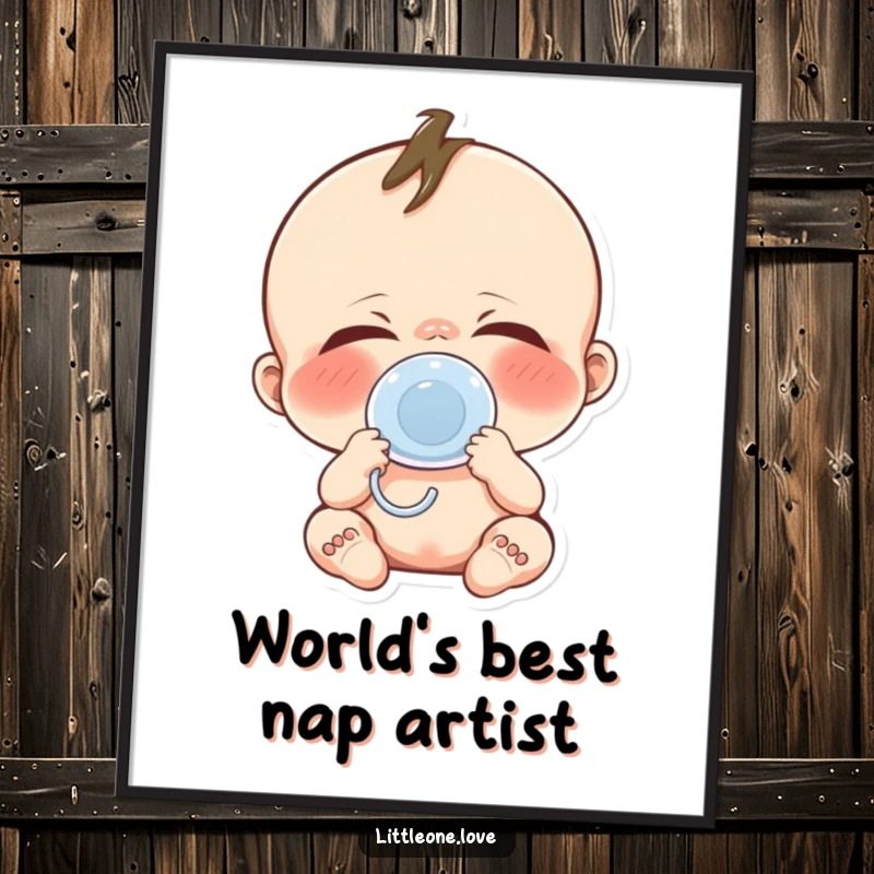 Funny Free Printable Baby Yawn Wall Art showing a cute character with a pacifier, yawning widely in a cozy nursery setting.