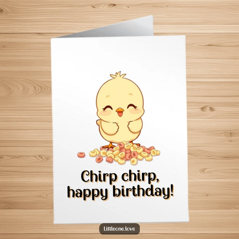 Funny Free Printable Birthday Card: Happy baby chick enthusiastically pecking at a messy pile of spilled breakfast cereal.